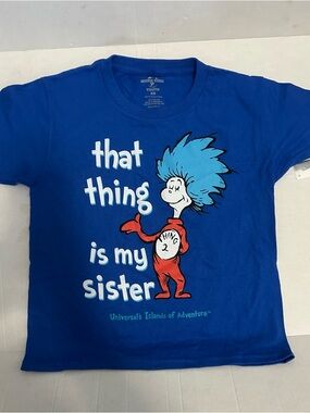 NWT Universal Studios Thing 2 Sister T Shirt Youth XS Blue Dr Seuss Tee